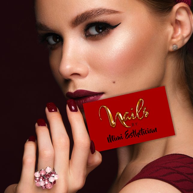 Nails Studio Artist Red Nails Script Red Gold Logo Business Card (Nails Studio Artist Red Nails Script Red Gold Logo Business Card)