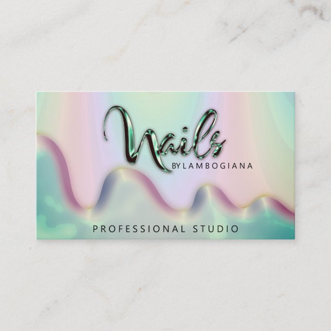 Nails Studio Logo Holograph QR Code Teal Fog Business Card (Front)