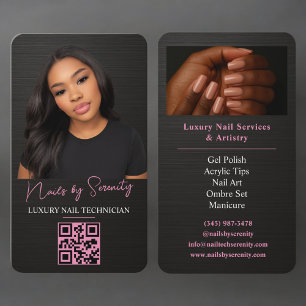 Nails Technician QR Code Metallic Black Pink Business Card