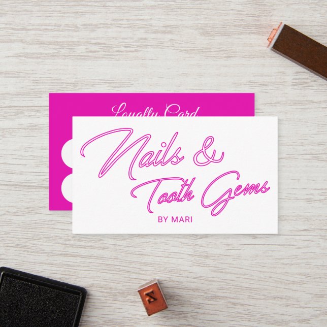 Nails & Tooth Gems Neon Pink Salon Loyalty Punch Card (Front/Back In Situ)