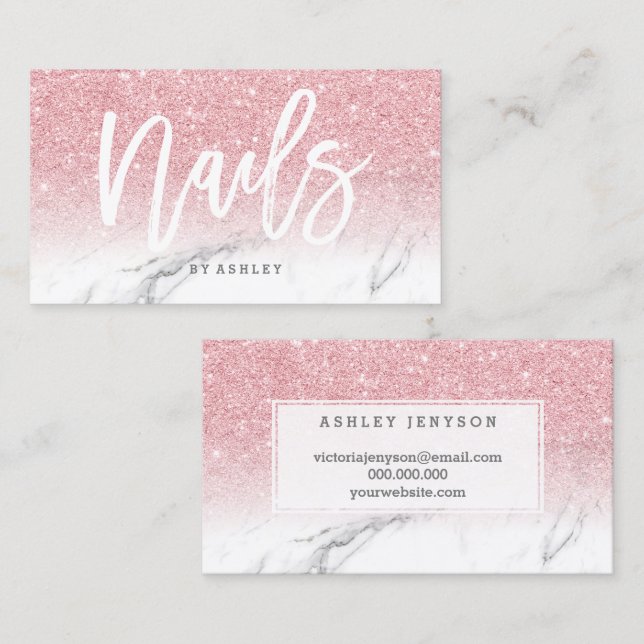 Nails typography pink glitter marble business card (Front/Back)