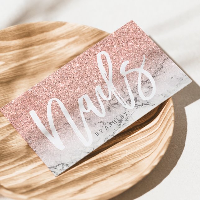 Nails typography rose gold glitter marble business card (Creator Uploaded)