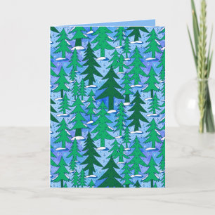 Naive Art Winter Spruce Forest Green Blue Card