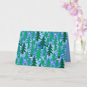 Naive Art Winter Spruce Forest Green Blue Card