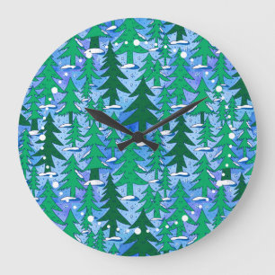 Naive Art Winter Spruce Forest Green Blue Large Clock