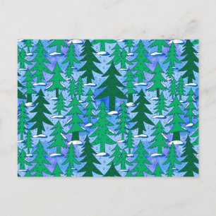 Naive Art Winter Spruce Forest Green Blue Postcard