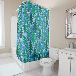 Naive Art Winter Spruce Forest Green Blue Shower Curtain
