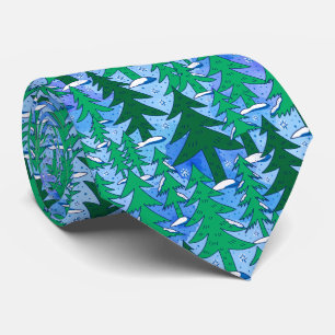 Naive Art Winter Spruce Forest Green Blue Tie