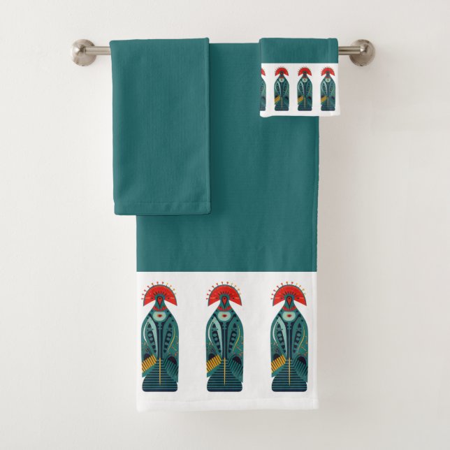 Naive Bird Red Feather Green Robe coat Border Bath Towel Set (Insitu)