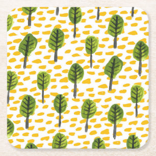 Naive Green Black Tree Pattern Square Paper Coaster
