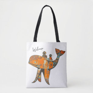 Naive retro style art whale tote bag