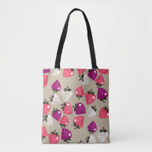 Naive Strawberries: Beige Background Seamless. Tote Bag