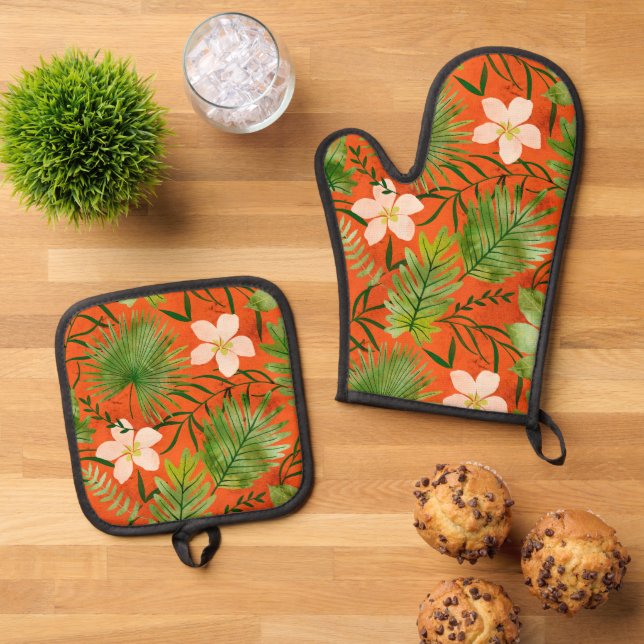 Nalani Hawaiian Tropical Garden Orange Oven Mitt & Pot Holder Set (Top Down)