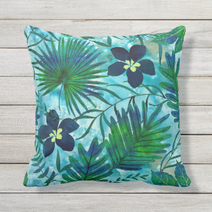 Nalani Hawaiian Tropical Garden Teal Cushion