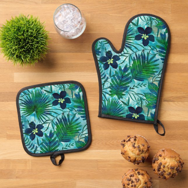 Nalani Hawaiian Tropical Garden Teal Green Oven Mitt & Pot Holder Set (Top Down)