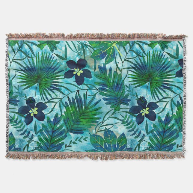 Nalani Hawaiian Tropical Garden Teal Throw Blanket (Front)