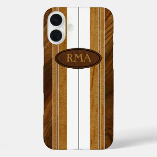 Nalu Mua Faux Koa Wood Monogram Surfboard White iPhone 16 Plus Case