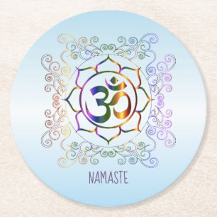 Namaste Aum (Om) Lotus Prismatic Ornamental Round Paper Coaster