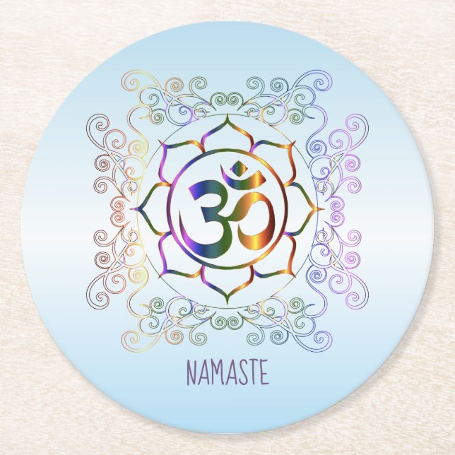 Namaste Aum (Om) Lotus Prismatic Ornamental Round Paper Coaster (Front)