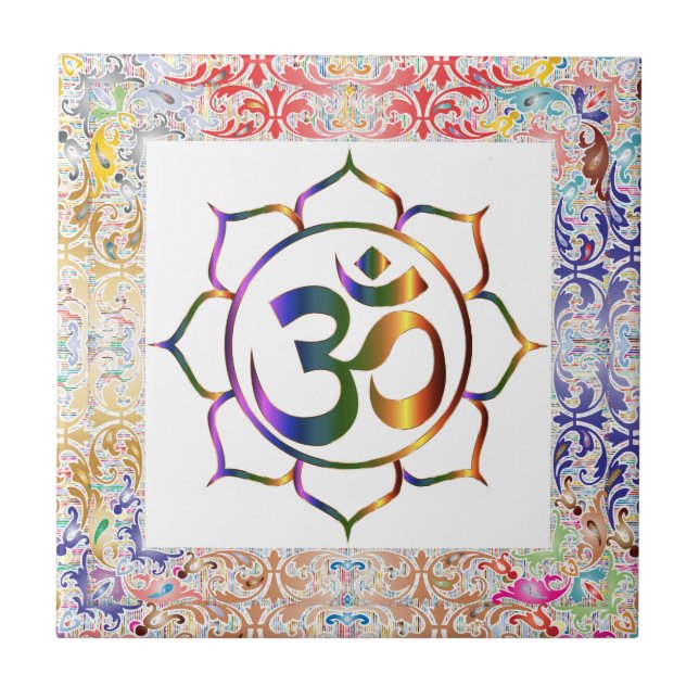 Namaste Aum Om & Lotus Rainbow Border Personalised Tile (Front)