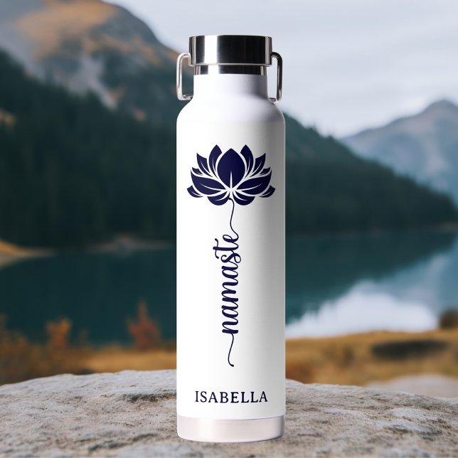 Namaste Blue Lotus Flower Modern Personalised Name Water Bottle (Creator Uploaded)