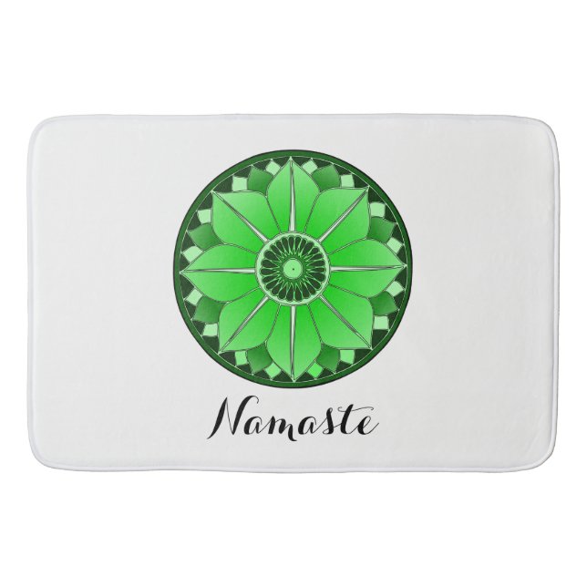 NAMASTE Flower Spiritual Green Lotus Mandala White Bath Mat (Front)