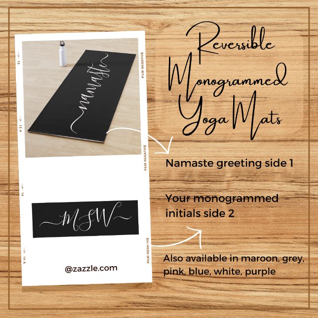 Namaste Initials Personalised Black White Yoga Mat (Reversible personalized monogrammed initials white on black ground yoga mat. Gift her good health.)