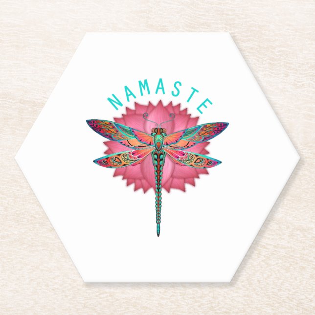 Namaste Lotus Dragonfly Yoga Paper Coaster (Front)