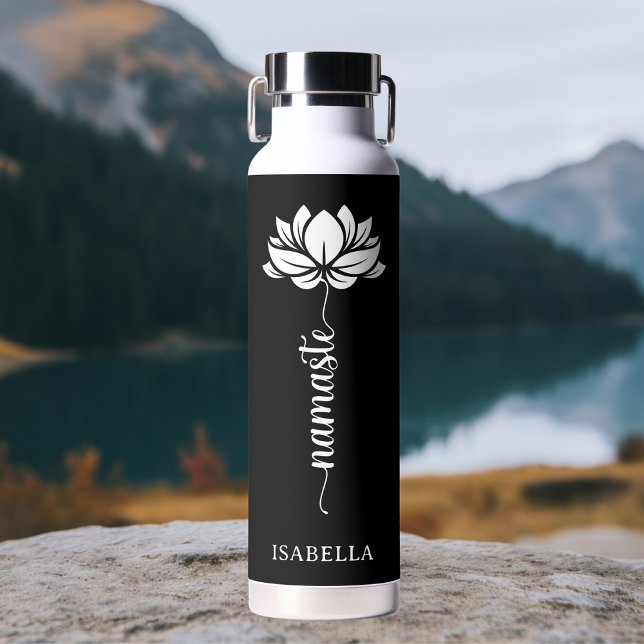 Namaste Lotus Flower Modern Personalised Name Water Bottle (Creator Uploaded)
