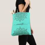 Namaste Mandala Universe Symbol Turquoise Tote Bag<br><div class="desc">A lovely turquoise tote with flowery mandalas and a namaste greeting. A great bag for carrying your yoga accessories. Stylish with a trendy script typeface.</div>