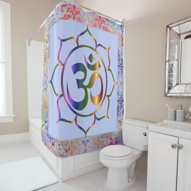 Namaste Om Lotus Rainbow Vintage Shower Curtain (In Situ)