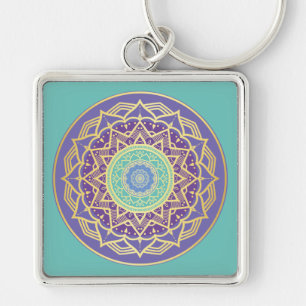 Namaste Purple Indigo Gold Turquoise Mandala Boho Key Ring