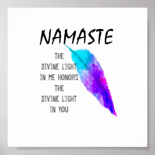 Namaste quote on purple turquoise feather art  poster