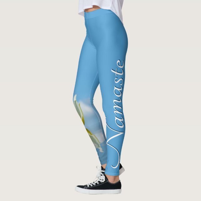 Namaste Reflecting Lotus Flower Sky Blue Yoga Leggings (Left)