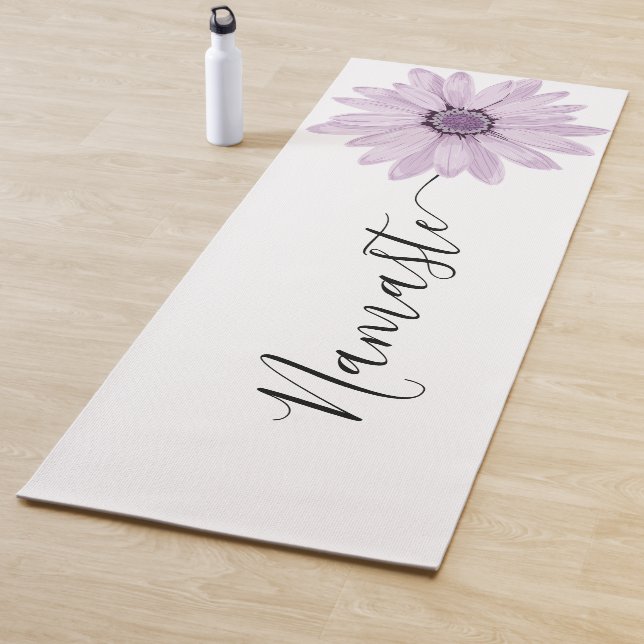 Namaste Script Purple Flower Stem Yoga Mat (In Situ)