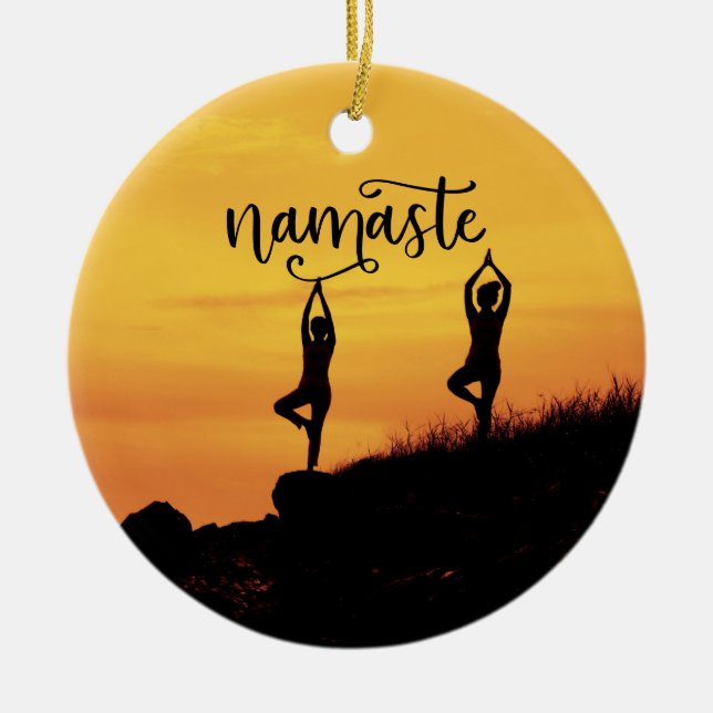 Namaste Silhouette woman Spiritual Meditation Yoga Ceramic Tree Decoration (Front)