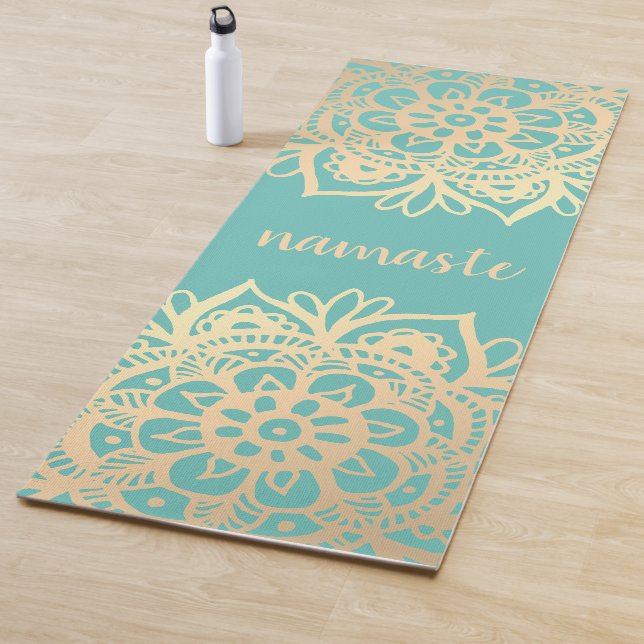 Namaste Teal Green and Gold Mandala Flowers Yoga Mat (In Situ)