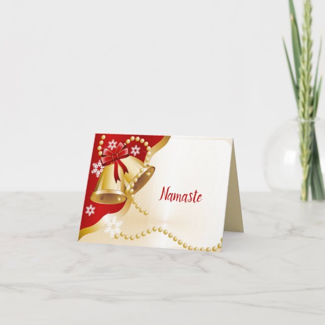 Namaste Thank You Red Christmas Holiday Gold Bells Card (Front)