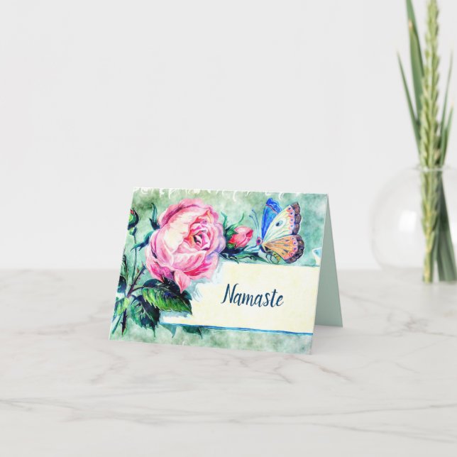 Namaste Thank You Watercolor Flower Butterfly Card (Front)
