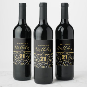 Name 21st Birthday Confetti Theme in Gold on Black Wine Label