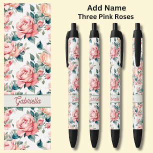 Name 3 Pink Roses Flowers Floral Black Ink Pen
