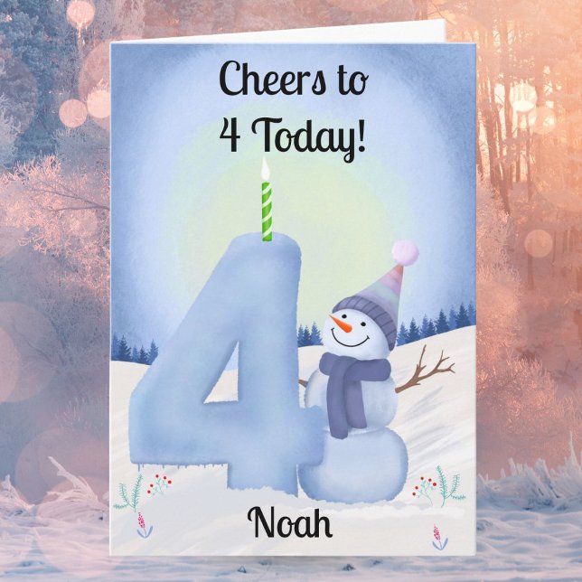 Name 4th Birthday Snowman with Snowy Four Card (Creator Uploaded)