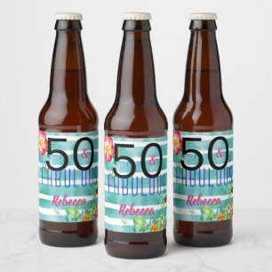 Name 50 and Fabulous Tropical Floral 50th Birthday Beer Bottle Label