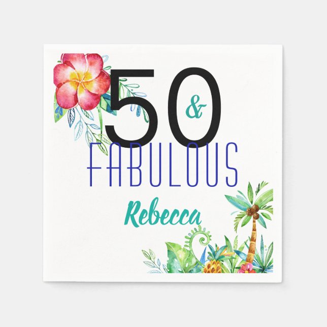 Name 50 and Fabulous Tropical Floral 50th Birthday Napkin (Front)