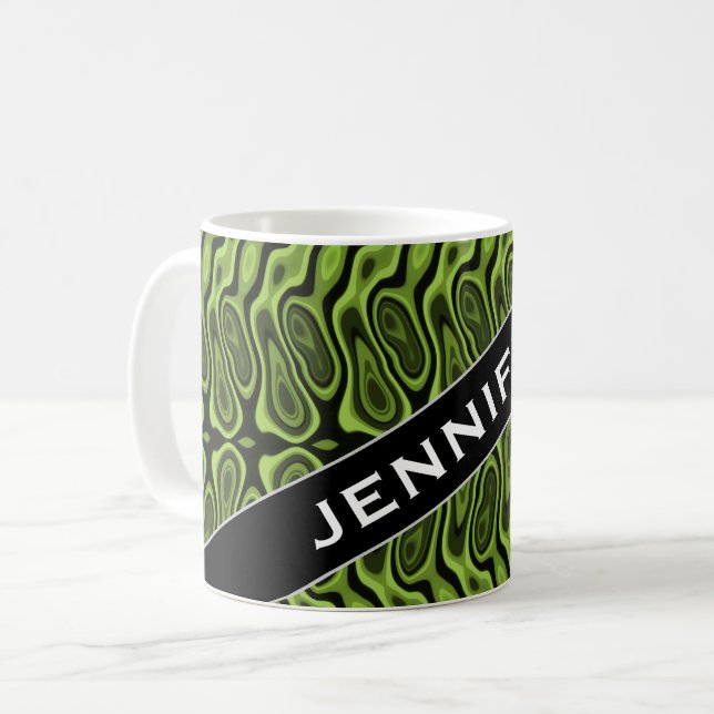 Name + Abstract Green Liquid-Like Splotch Pattern Coffee Mug (Front Left)