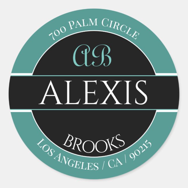 Name Address Monogram, Deep Teal Black & White Classic Round Sticker (Front)