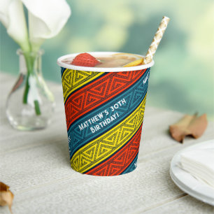 Name & Age Birthday Party Celtic Stripe Red Blue Paper Cups