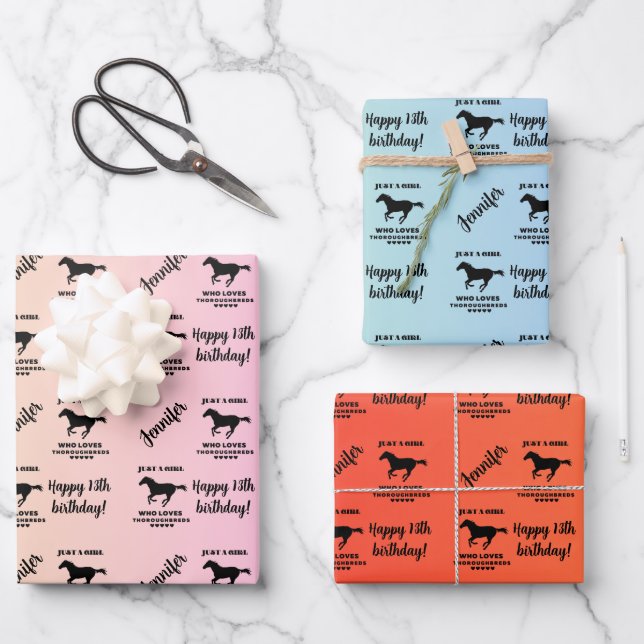 Name Age Just a Girl Who Loves Thoroughbred Horse Wrapping Paper Sheet (Front)