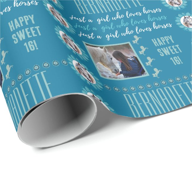 Name Age Photo Just a Girl Who Loves Horses Blue Wrapping Paper (Roll Corner)