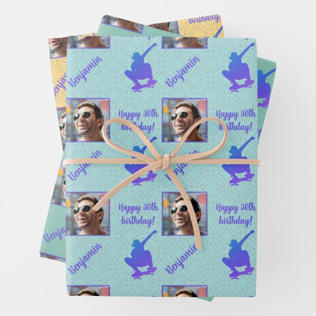 Name Age Photo Skateboarding Skateboarder Birthday Wrapping Paper Sheet (In situ)